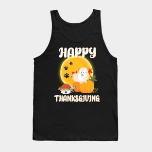 Pomeranian Seeing Turkey Dish Happy Halloween Thanksgiving Merry Christmas Day Tank Top